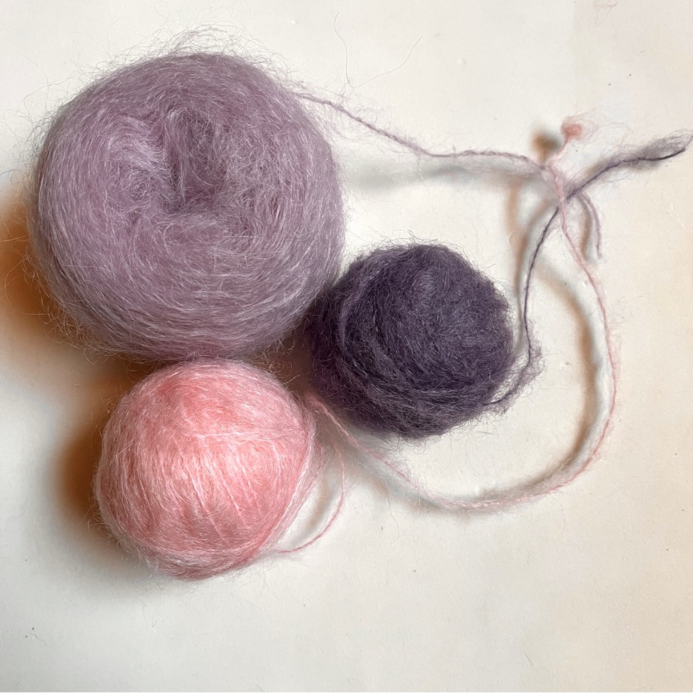 3 Soft Mohair Yarn ball Bundle in Pink, Lavender and Purple. Lovely!
